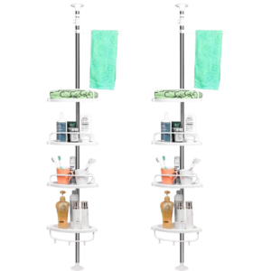 Set 2x Etajeră Telescopică de Colț pentru Baie – 4 Rafturi Ventilate, Reglabilă 95–250 cm, Montaj Fără Găurire
