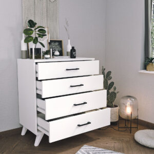 Șifonier cu 4 Sertare pe Picioare – Design Scandinav, Alb Mat cu Mânere Negre, 76 cm