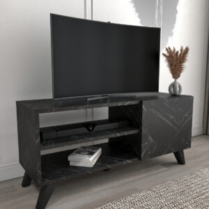 Suport TV Modern 100 cm, Efect Marmură Neagră, cu Ușă și Rafturi, 100 x 35 x 46 cm