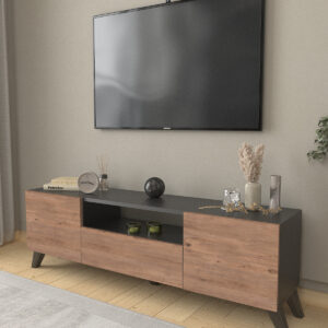 Comodă TV Modernă 140 cm, Antracit si Stejar, cu Spații de Depozitare – Design Scandinav