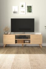 Comodă TV Modernă 140 cm, Stejar Natural, cu Spații de Depozitare, Design Scandinav