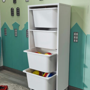 Dulap Organizator Vertical cu 4 Coșuri din Plastic, Alb, 45 x 30 x 116 cm – Depozitare Multifuncțională pentru Casă