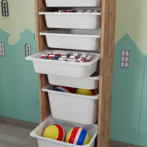 Dulap Organizator cu 7 Coșuri din Plastic, Multifuncțional, pentru Jucării, Baie și Bucătărie, Design Lemn, 45.4 x 30 x 125 cm