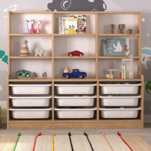 Dulap Organizator pentru Jucării și Depozitare Almina, 9 Sertare + 9 Rafturi, Stejar Safir, 132.6 x 115 x 30 cm