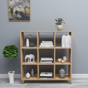 Bibliotecă tip cuburi cu 9 compartimente, finisaj stejar natural, 100 x 88 x 20 cm, design modern