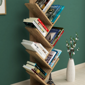 Bibliotecă tip copac pentru cărți, design modern, PAL, finisaj stejar, 122 x 44 x 23,8 cm