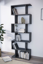 Bibliotecă tip zig-zag cu 6 rafturi, design modern, antracit, 70 x 24 x 192.6 cm
