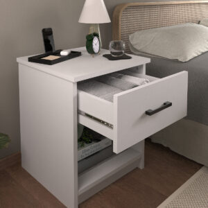 Noptieră modernă cu sertar și raft deschis, design minimalist, alb, 44 x 44 x 54 cm