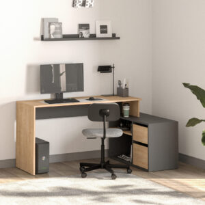 Birou de lucru modern cu etajeră laterală și sertare, design multifuncțional, stejar si antracit, 139 x 51 x 75 cm