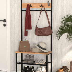 Cuier Hol cu Banchetă și Raft pentru Încălțăminte – Design Industrial, Metal Negru & Lemn Natural