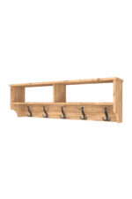 Cuier de Perete cu Raft și Nișe de Depozitare – Design Rustic, Lemn Aspect Stejar, 5 Cârlige Duble