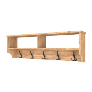 Cuier de Perete cu Raft și Nișe de Depozitare – Design Rustic, Lemn Aspect Stejar, 5 Cârlige Duble