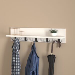 Cuier de Perete cu Raft – Alb Modern, 5 Cârlige Duble din Metal, 80 cm