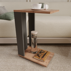 Măsuță Laterală pe Roți în Formă de C – Design Industrial, Stejar & Antracit, 61 cm