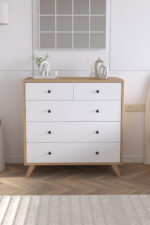 Șifonier cu 5 Sertare pe Picioare – Design Scandinav Bicolor, Stejar Natural & Alb, 90 cm