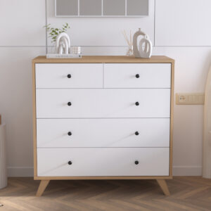 Șifonier cu 5 Sertare pe Picioare – Design Scandinav Bicolor, Stejar Natural & Alb, 90 cm
