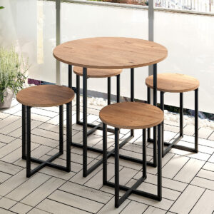 Set Masă Rotundă cu 4 Taburete – Design Industrial, Stejar Natural si Metal Negru, Ideal Bucătărie / Balcon